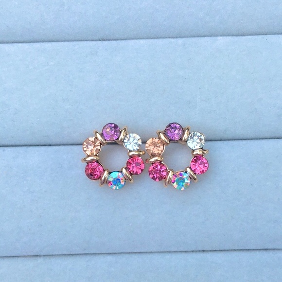 Rose, Champagne, Amethyst + Aurora Borealis Gold Circle Crystal Earrings - Picture 3 of 4